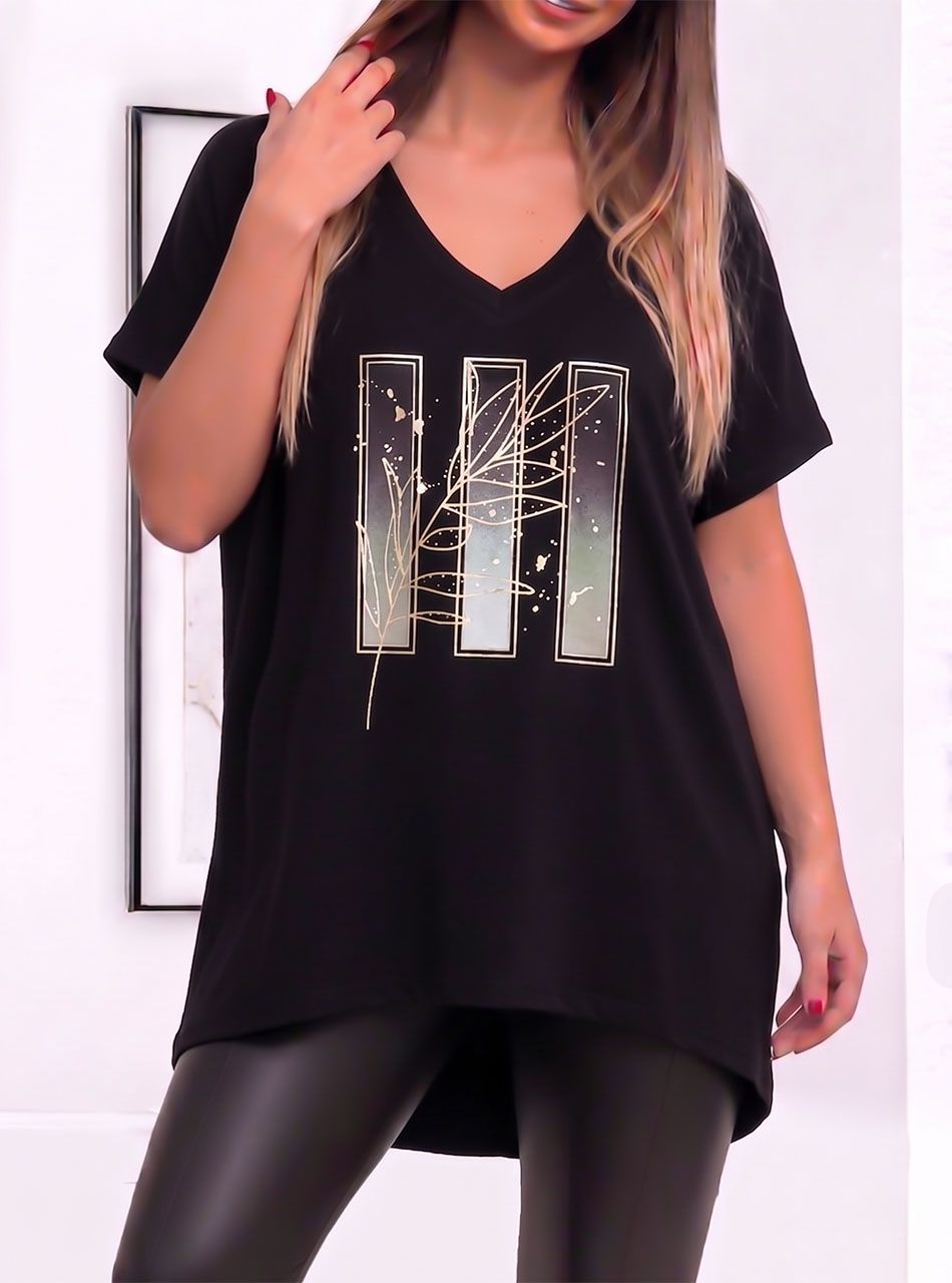 V nyakú, mintás laza felső (fekete)