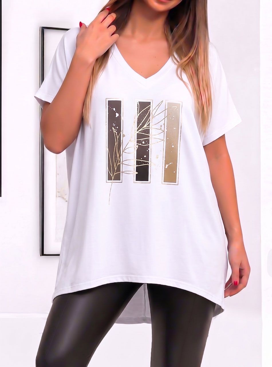 V nyakú, mintás laza felső (fehér)