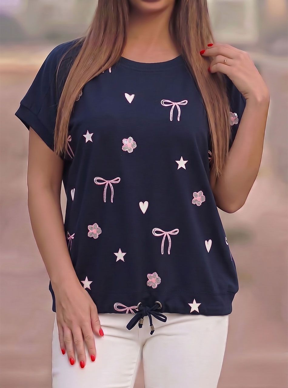 Alján köthető, masni mintás felső (sötétkék)