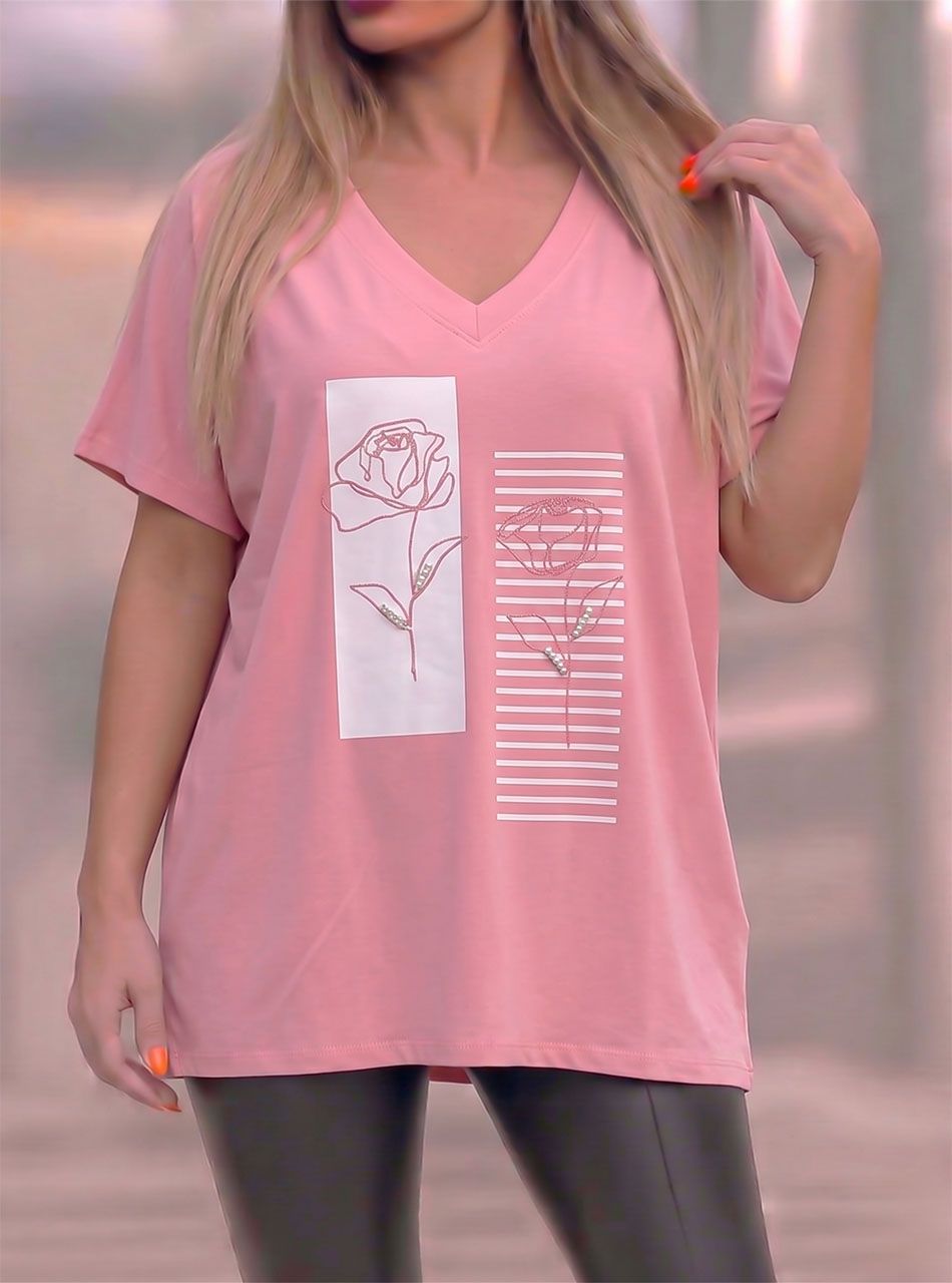 Hímzett virág mintás, gyöngydíszes V nyakú felső (rózsaszín)