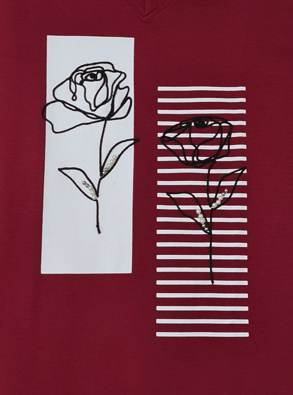 Hímzett virág mintás, gyöngydíszes V nyakú felső (bordó)