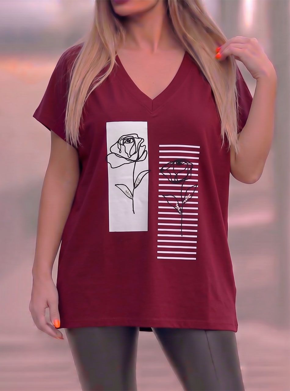 Hímzett virág mintás, gyöngydíszes V nyakú felső (bordó)