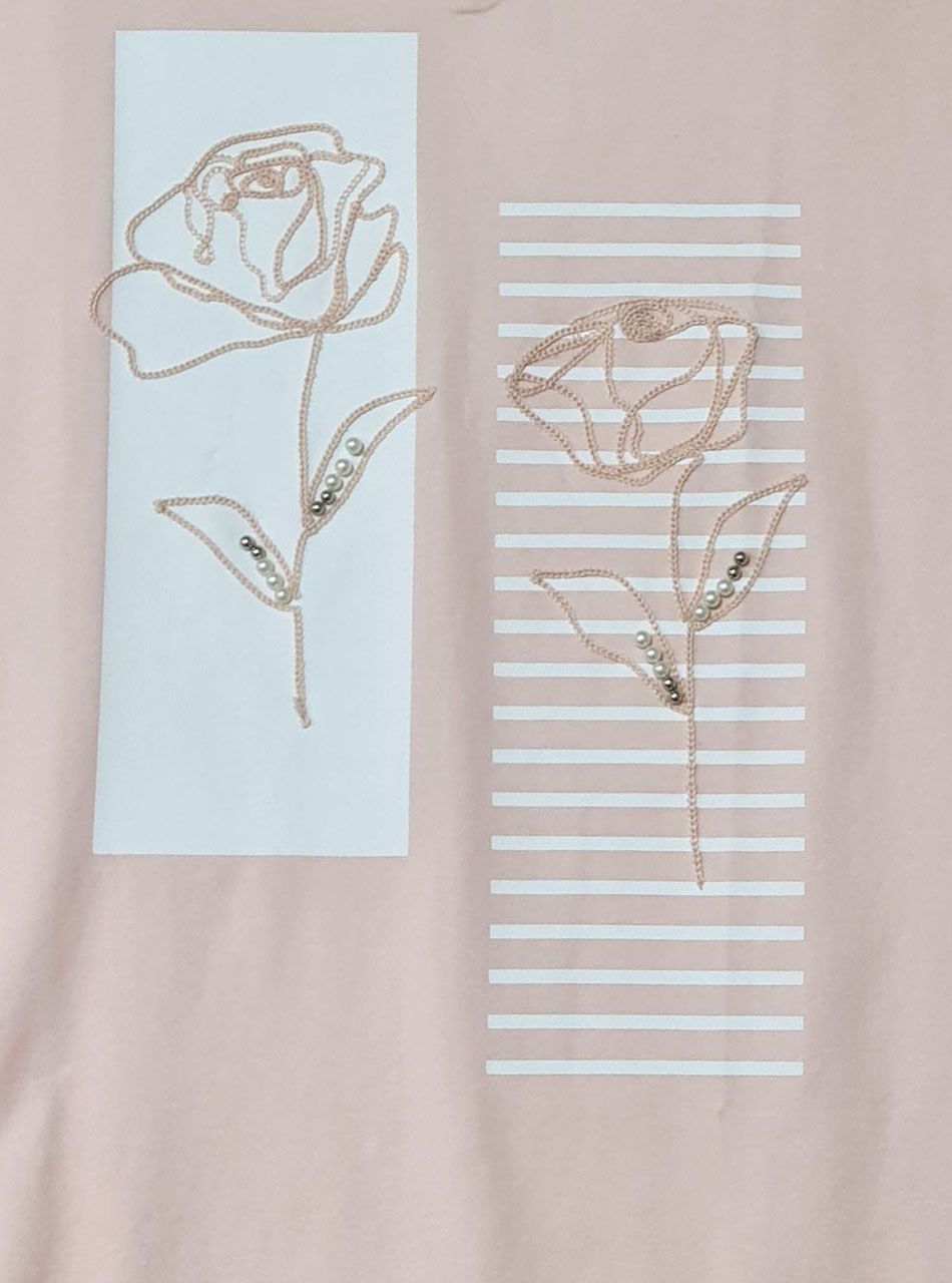 Hímzett virág mintás, gyöngydíszes V nyakú felső (púder)