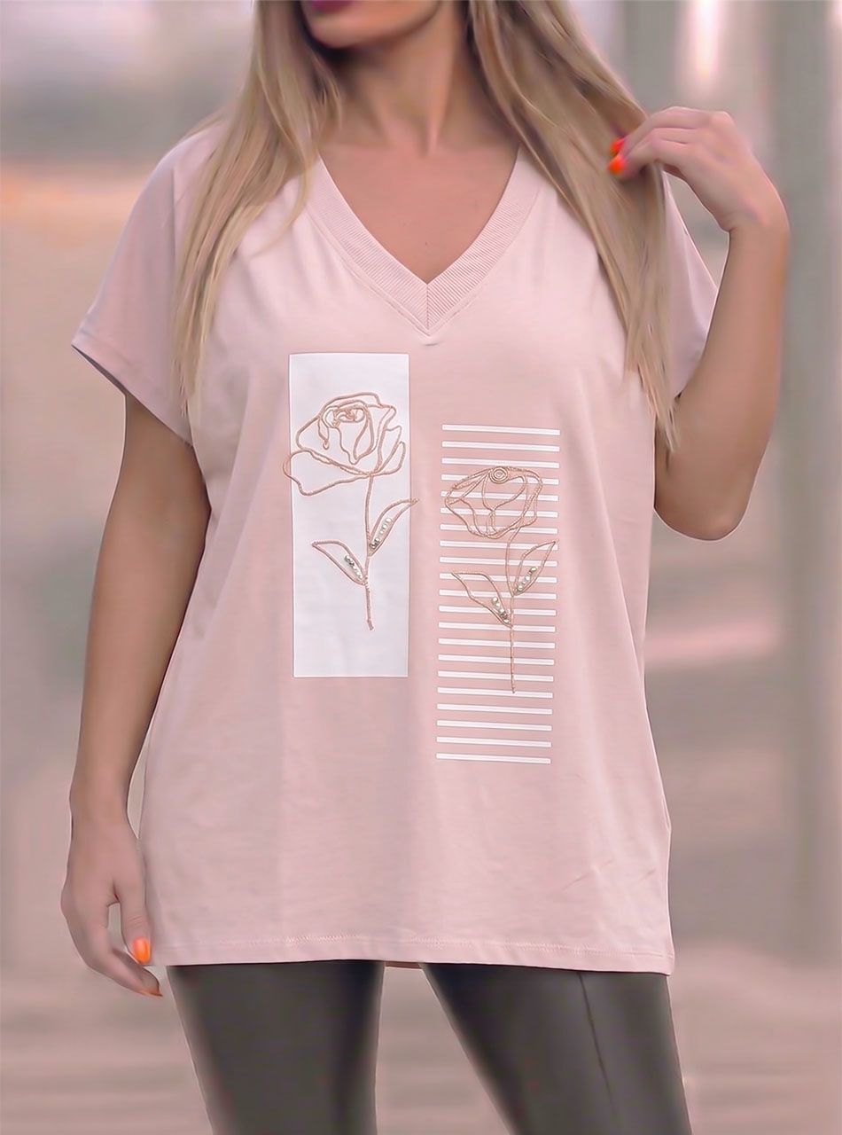 Hímzett virág mintás, gyöngydíszes V nyakú felső (púder)