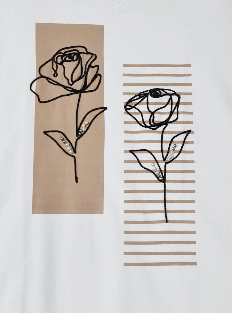 Hímzett virág mintás, gyöngydíszes V nyakú felső (fehér)