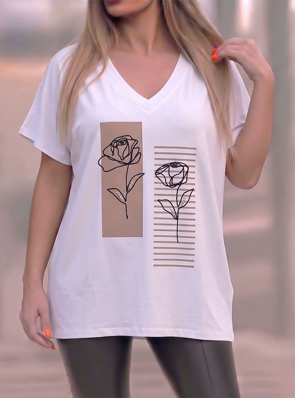 Hímzett virág mintás, gyöngydíszes V nyakú felső (fehér)