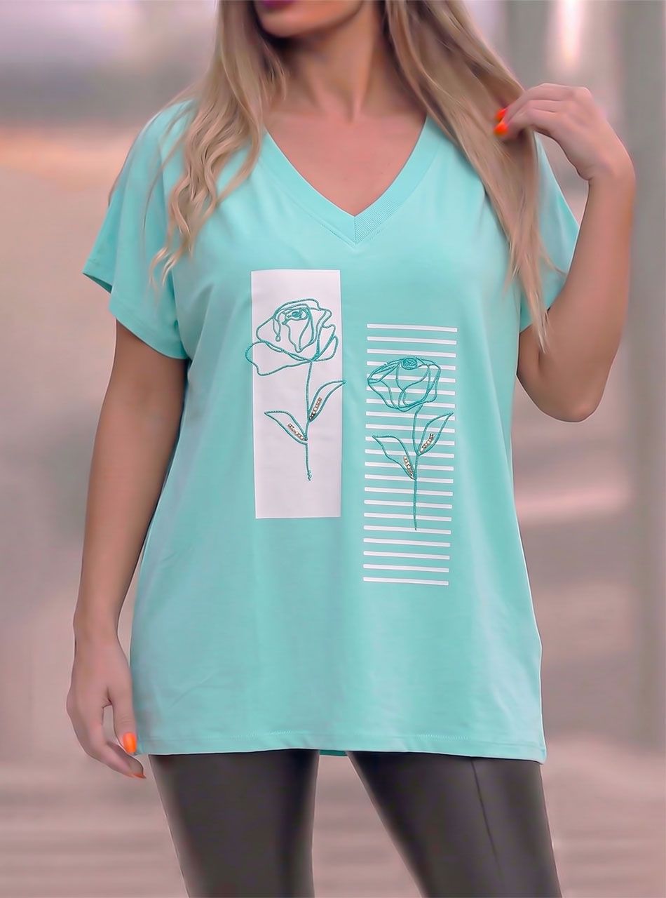 Hímzett virág mintás, gyöngydíszes V nyakú felső (vízzöld)