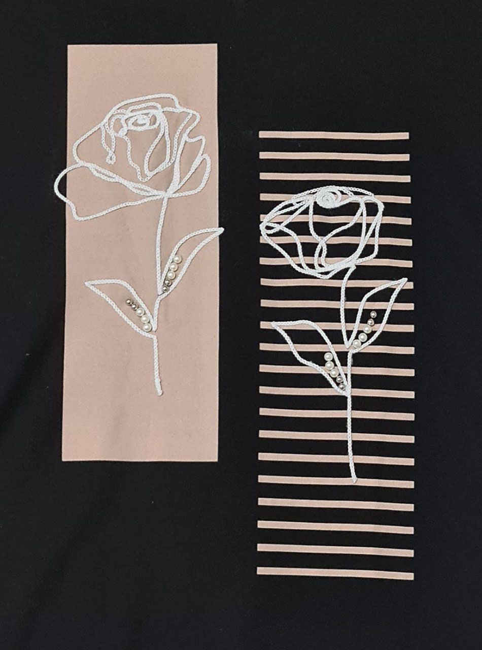 Hímzett virág mintás, gyöngydíszes V nyakú felső (fekete)