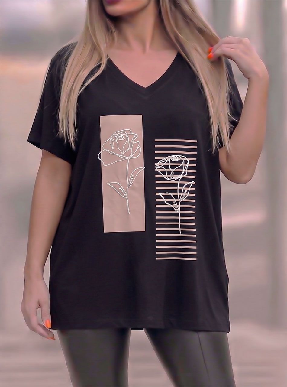 Hímzett virág mintás, gyöngydíszes V nyakú felső (fekete)