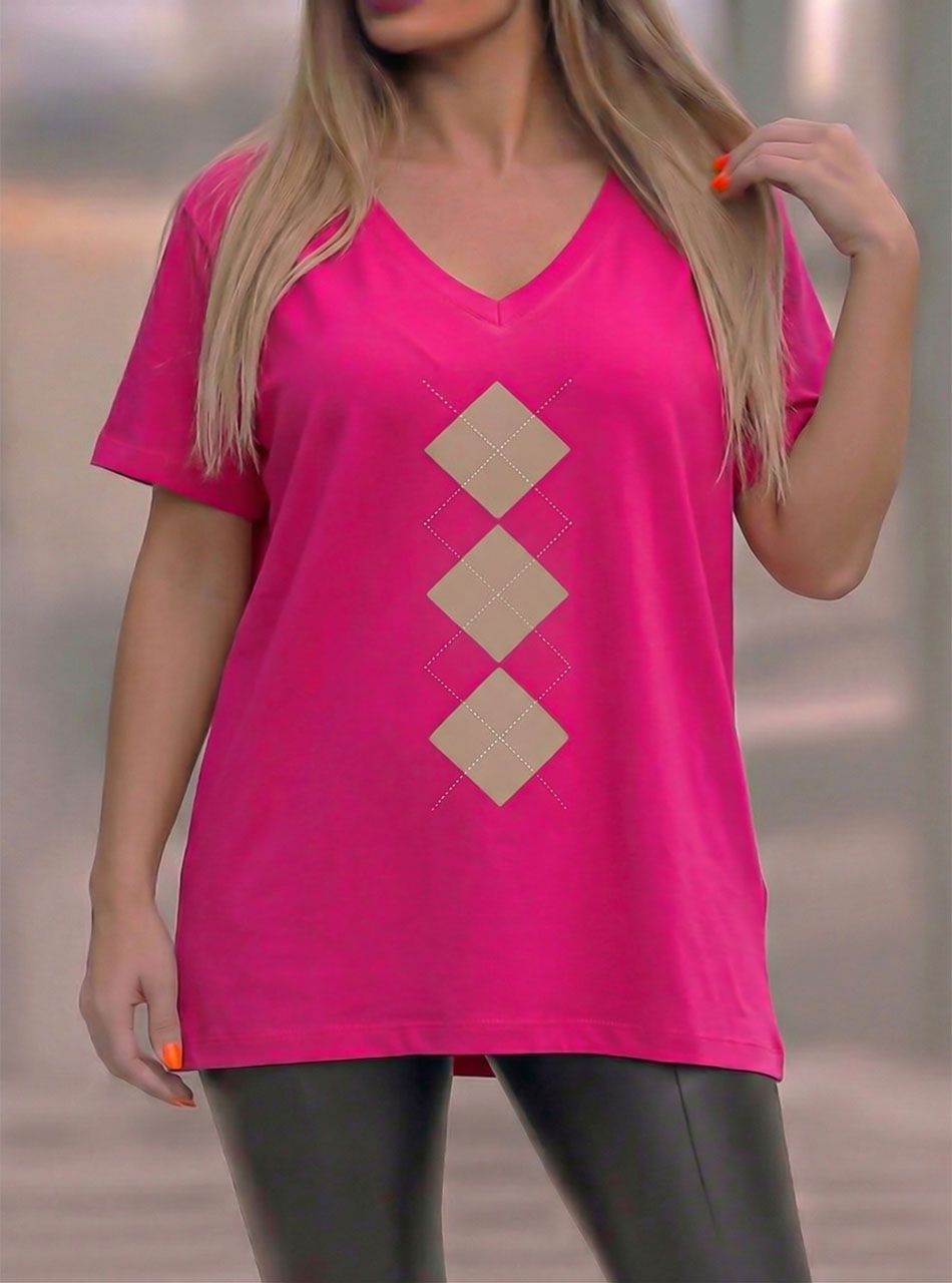 V nyakú, rombusz mintás felső (pink)