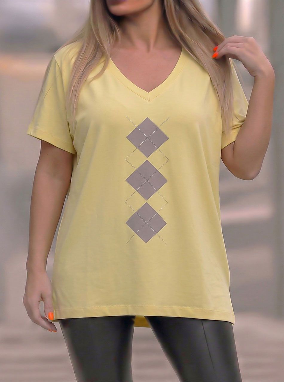 V nyakú, rombusz mintás felső (sárga)