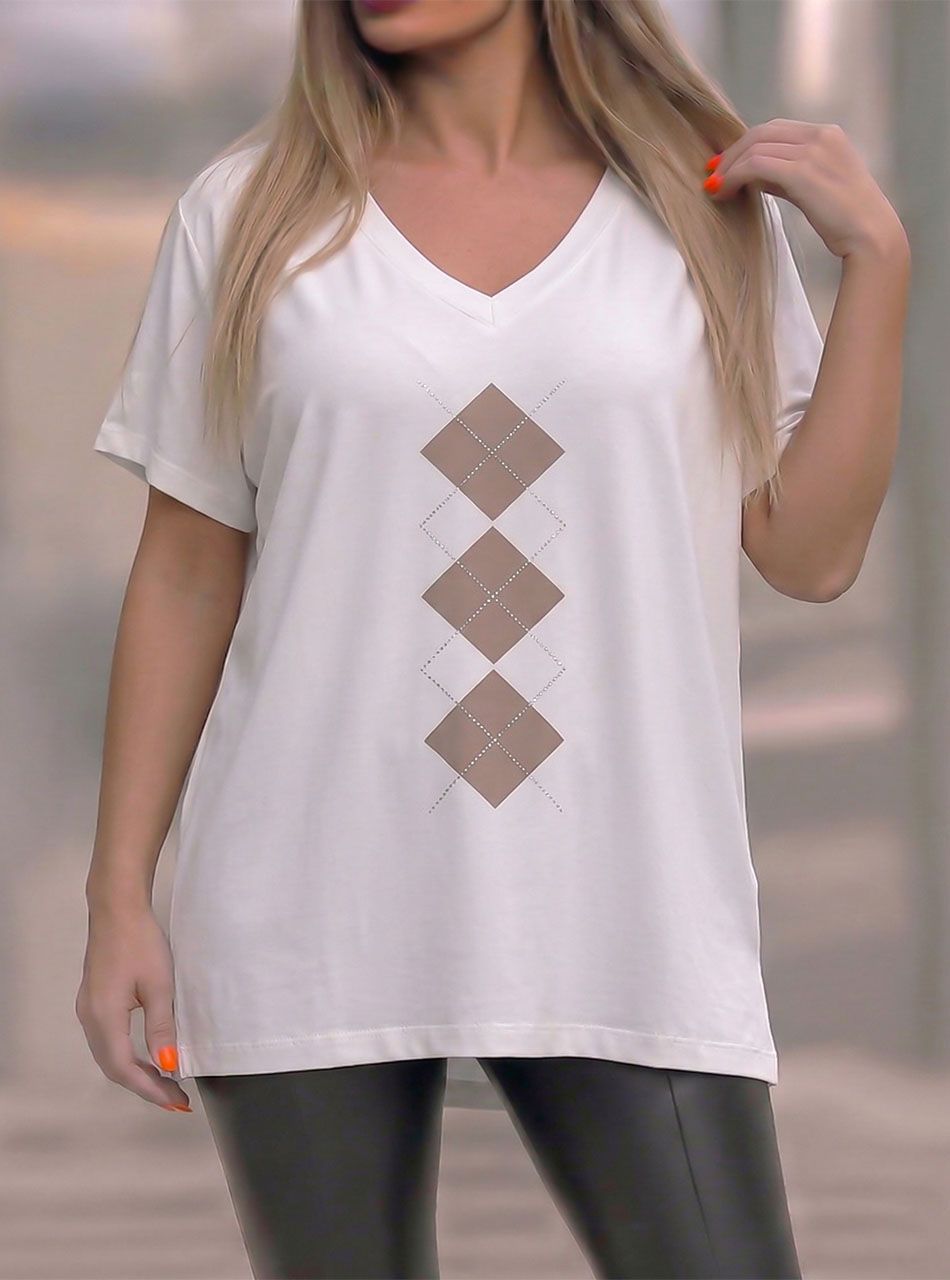 V nyakú, rombusz mintás felső (fehér)