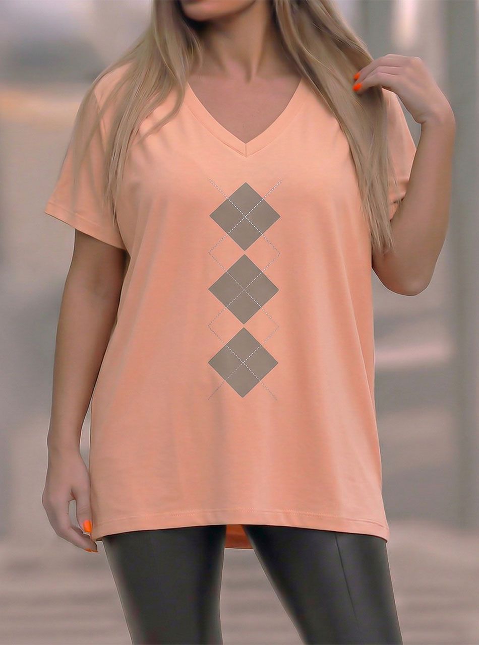 V nyakú, rombusz mintás felső (barack)