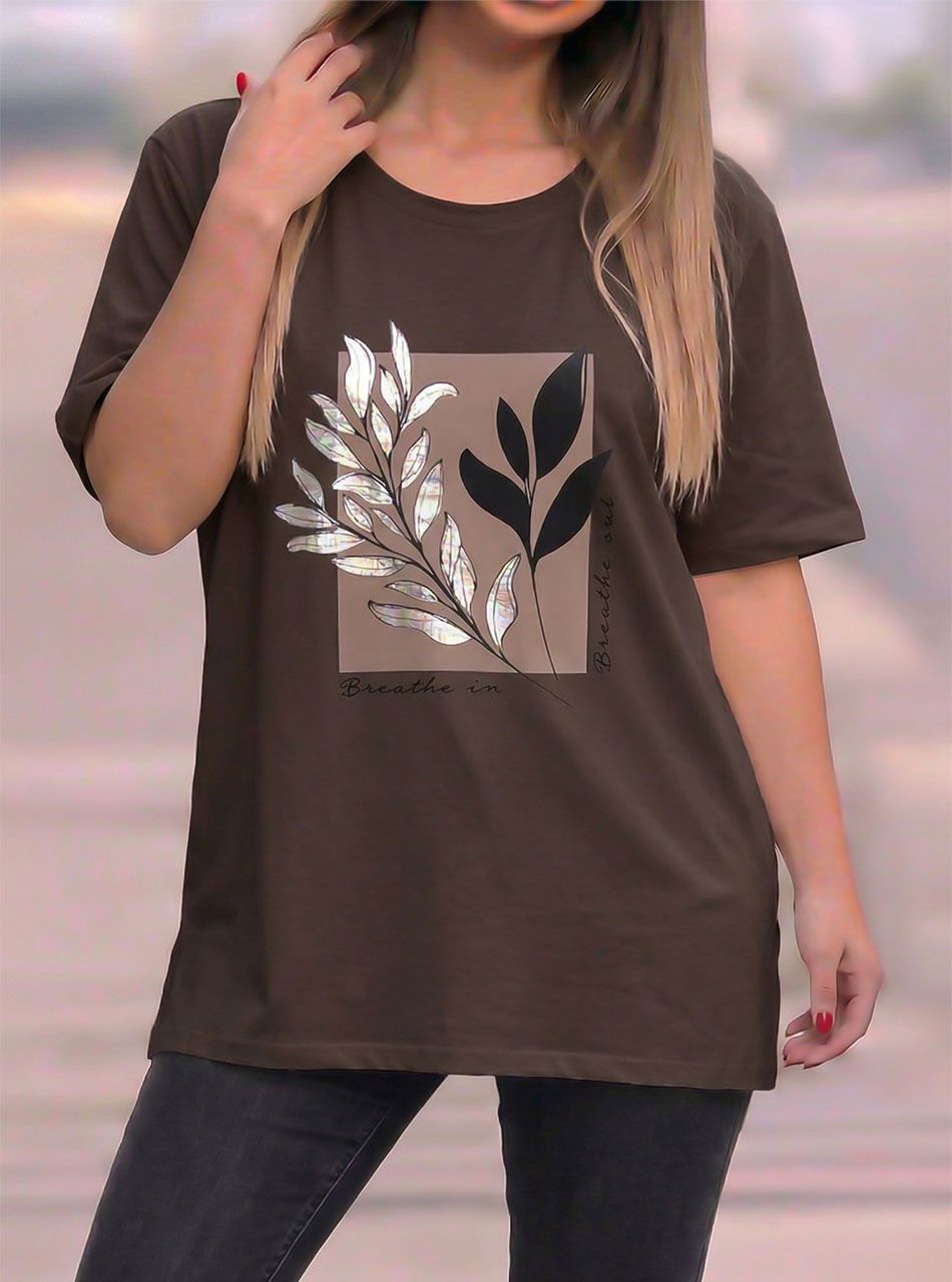 Levél mintás, laza felső (csokibarna)