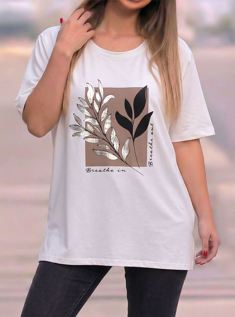 Levél mintás, laza felső (fehér)