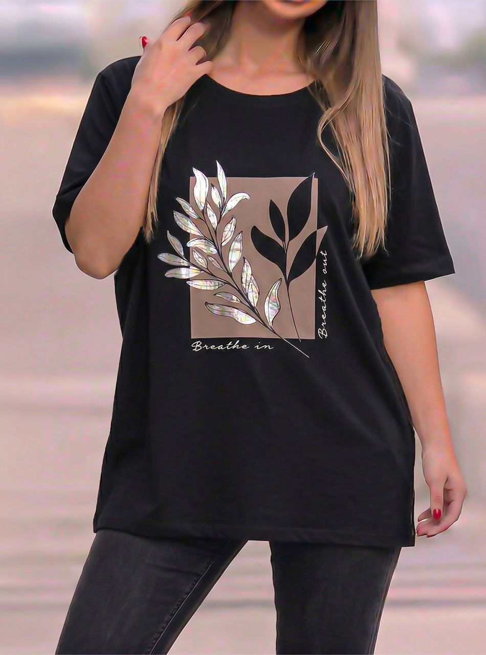 Levél mintás, laza felső (fekete)