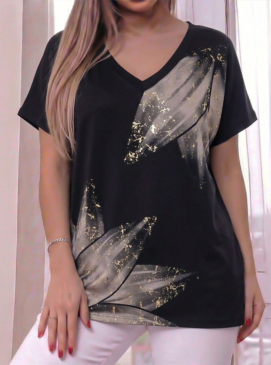 V nyakú, mintás felső (fekete) 