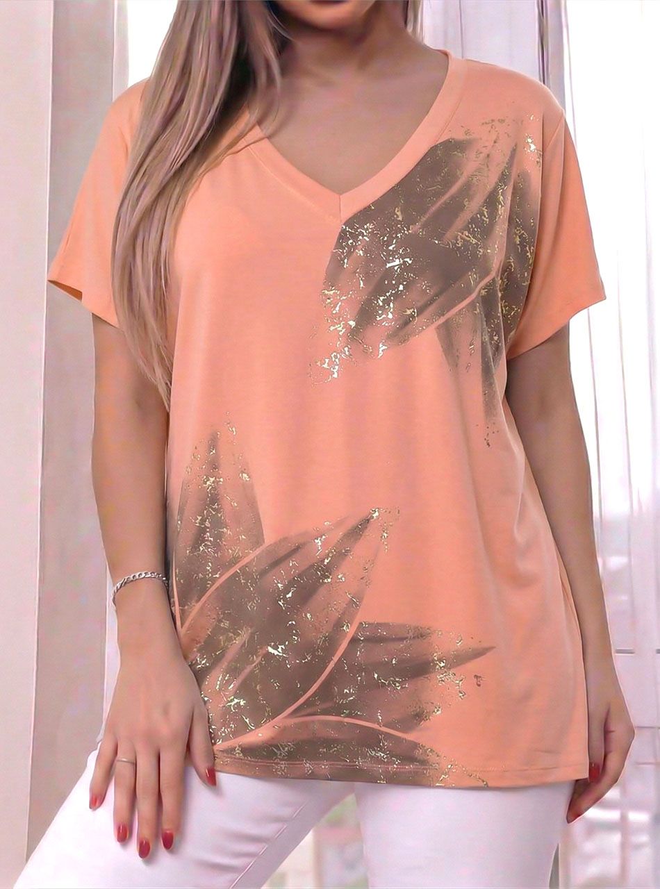 V nyakú, mintás felső (barack)