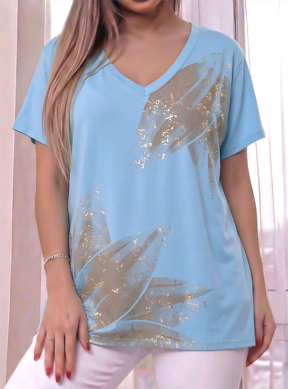 V nyakú, mintás felső (világoskék)