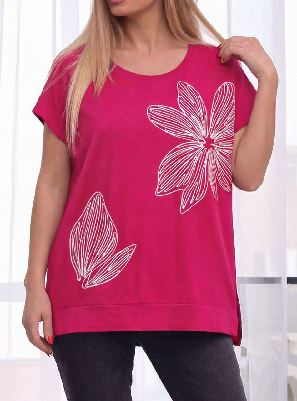 Kétoldalt felvágott, hímzett virág mintás felső (pink)