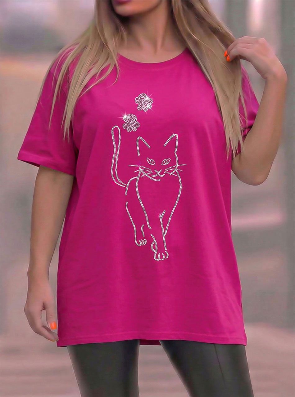 Cica mintás, gyöngydíszes felső (pink)