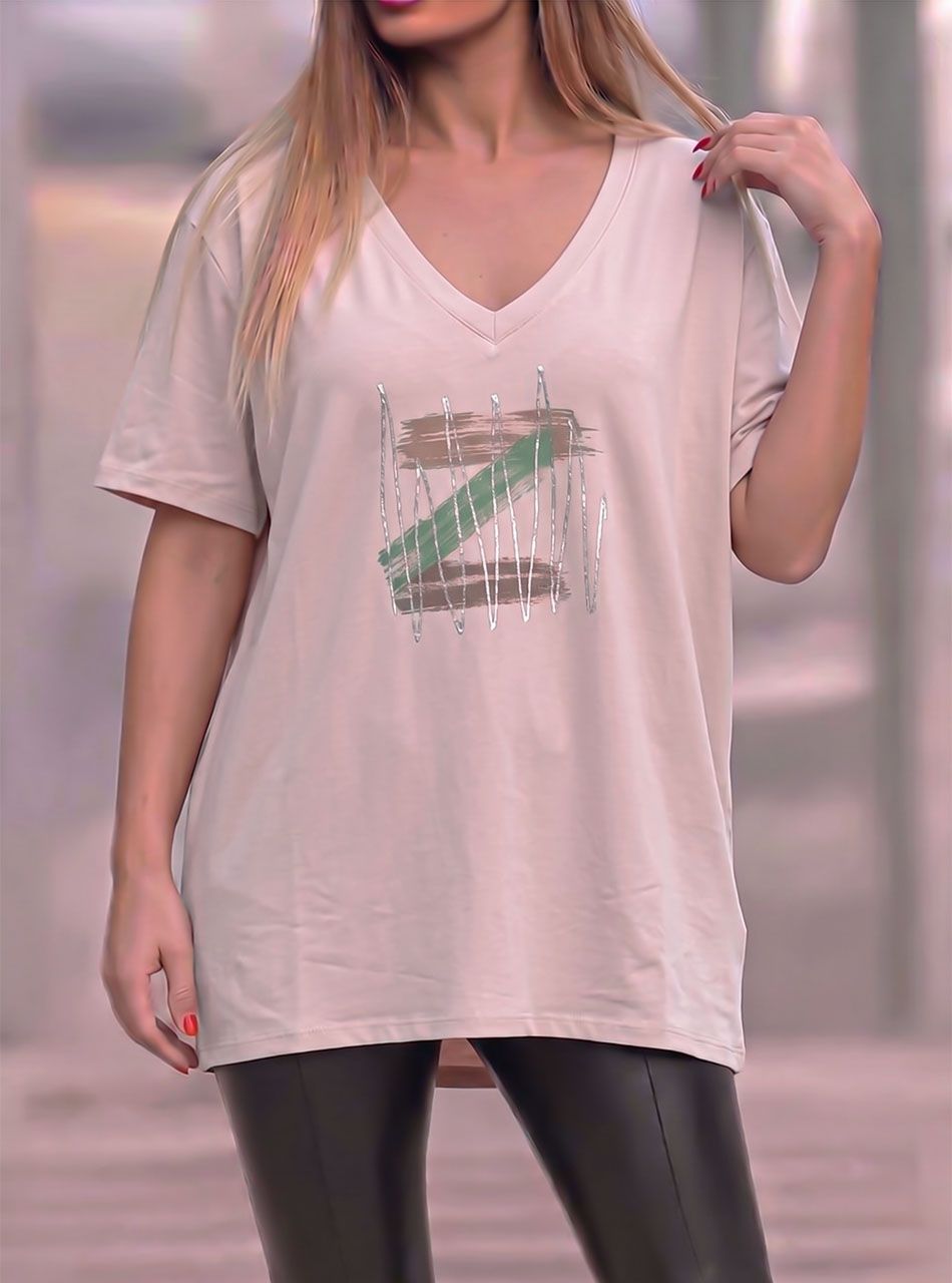 V nyakú, mintás laza felső (púder) 