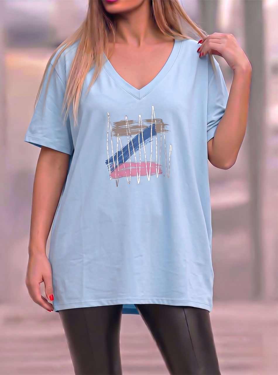 V nyakú, mintás laza felső (világoskék)