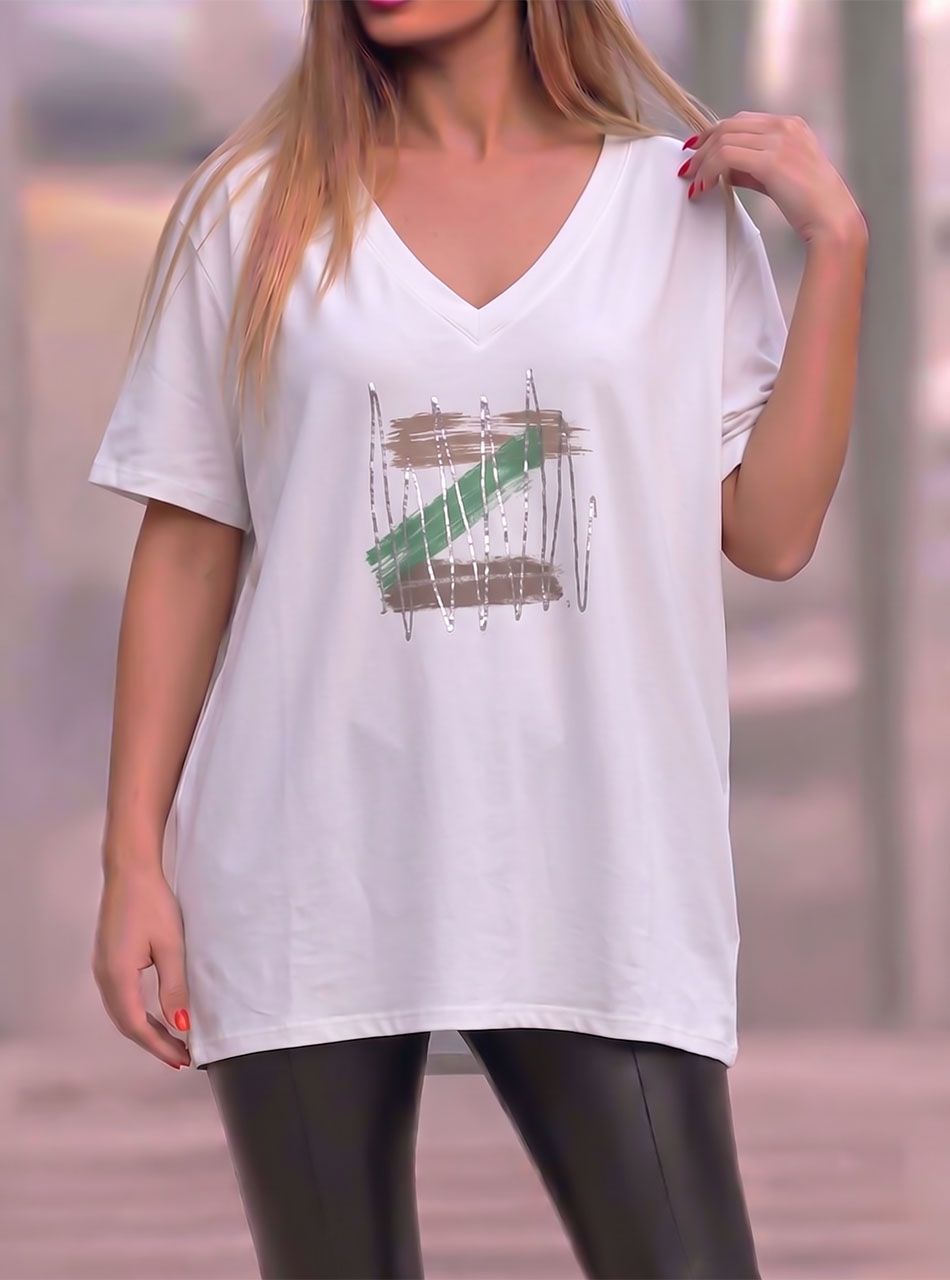 V nyakú, mintás laza felső (fehér)