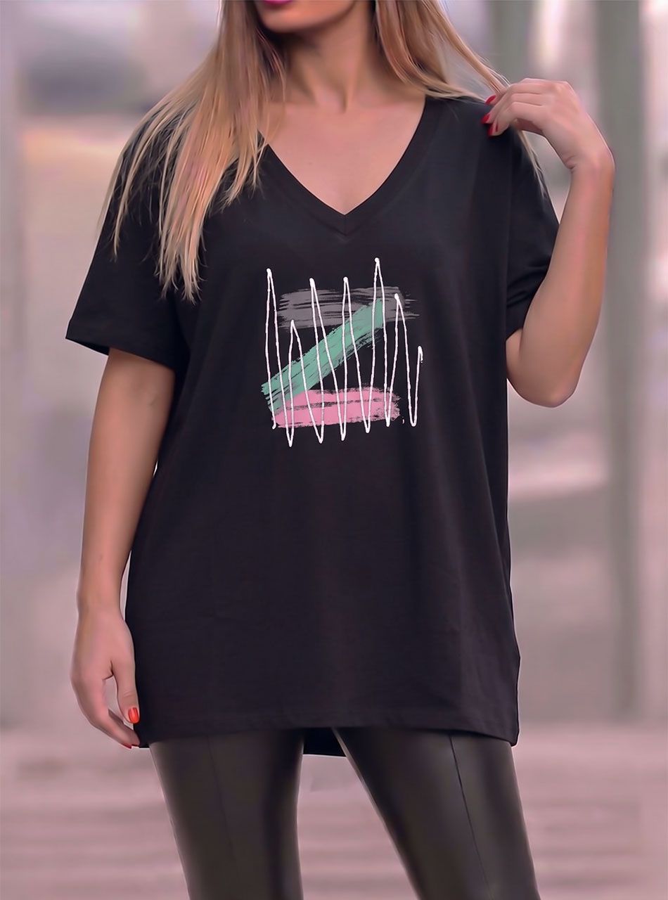 V nyakú, mintás laza felső (fekete)