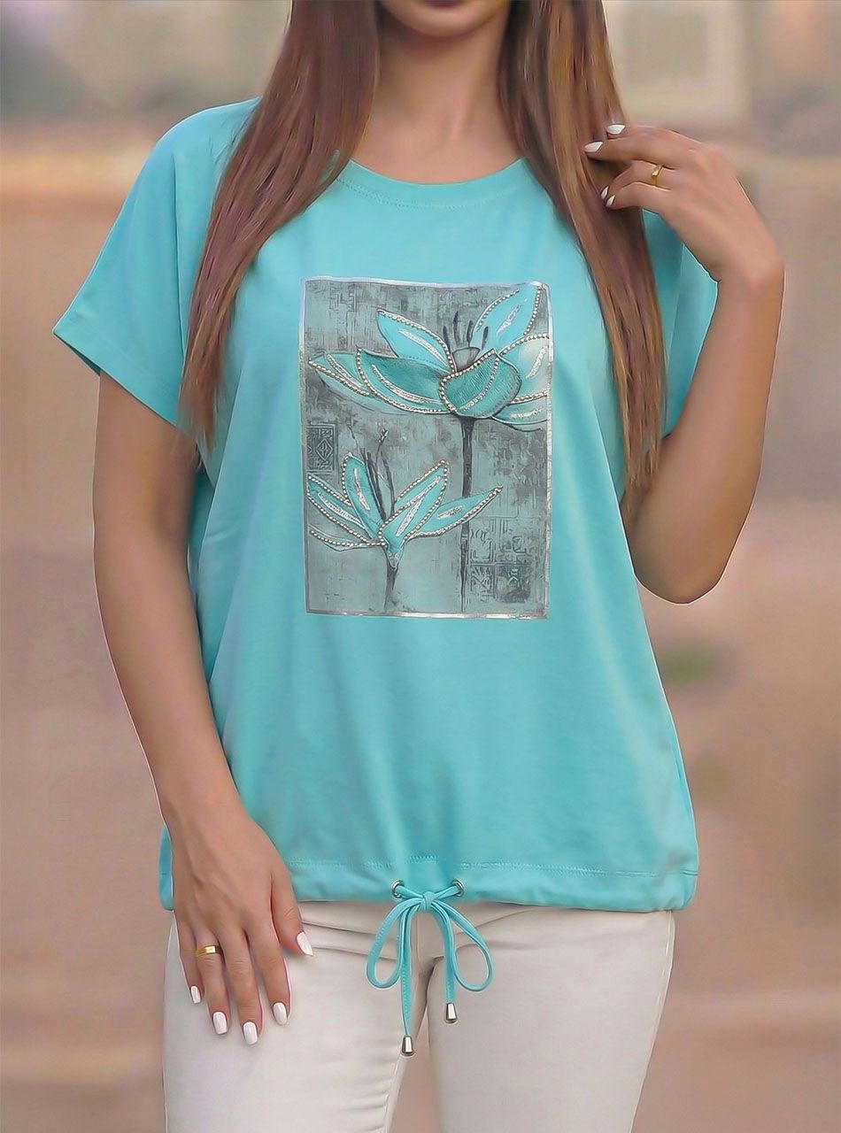 Alján köthető, strasszos-mintás felső (vízzöld)