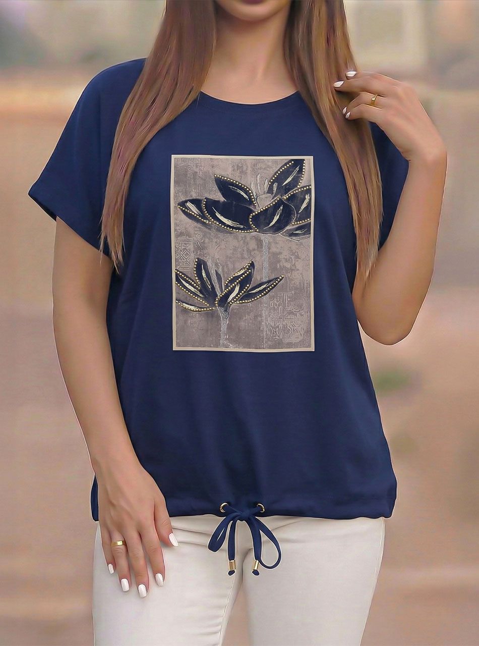 Alján köthető, strasszos-mintás felső (sötétkék)