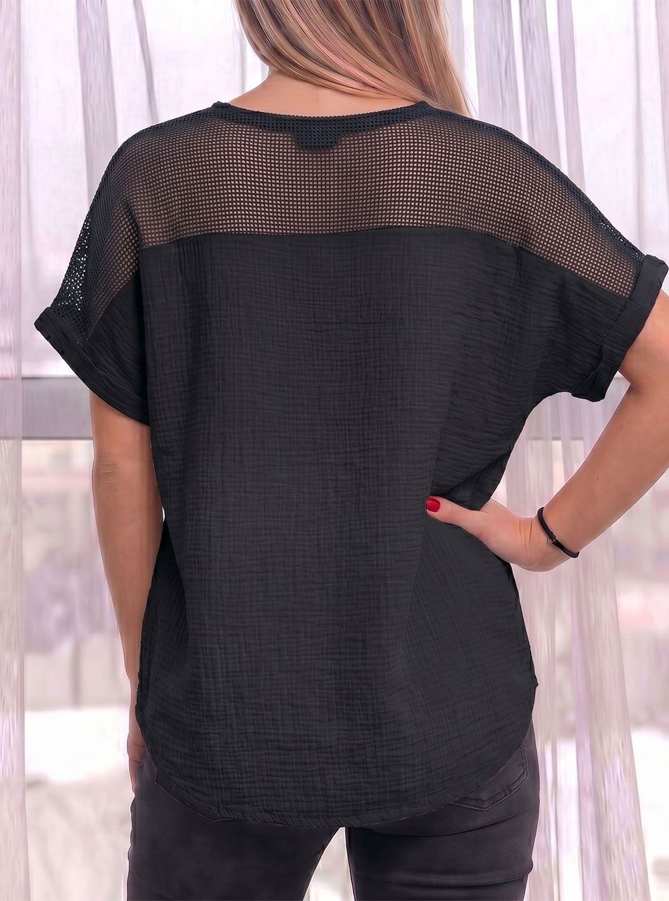 Nyaknál horgolt, géz anyagú felső (fekete)