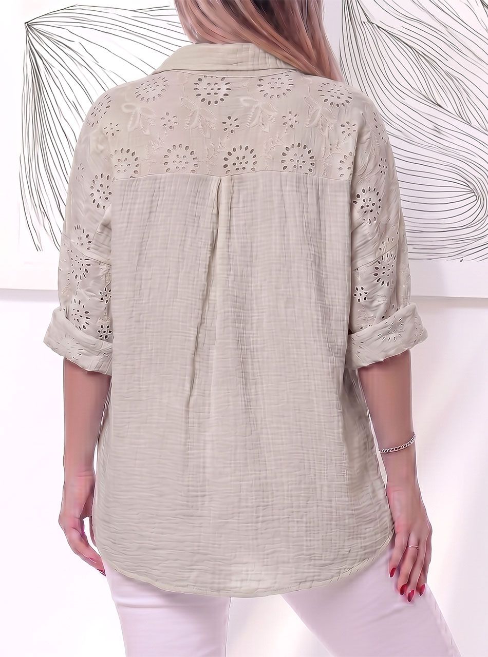 Hátán, ujján madeirás géz anyagú felső (bézs)