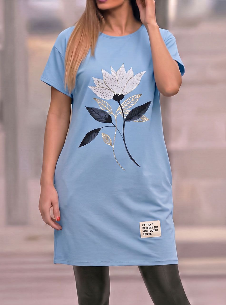 Virág mintás, zsebes tunika (világoskék)