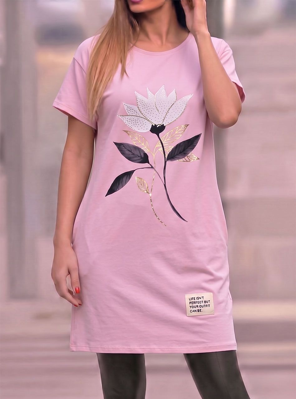 Virág mintás, zsebes tunika (rózsaszín)