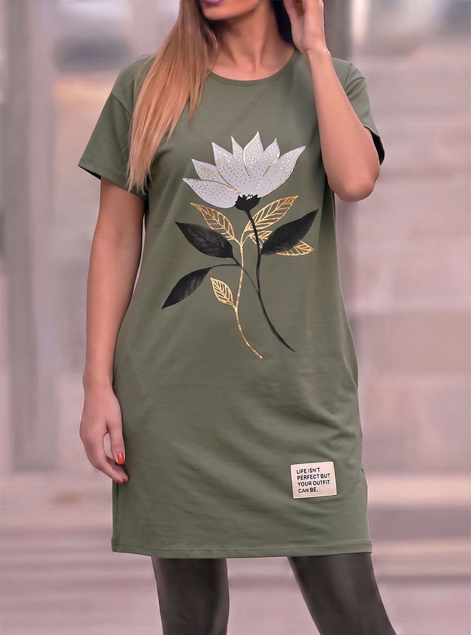 Virág mintás, zsebes tunika (kheki)