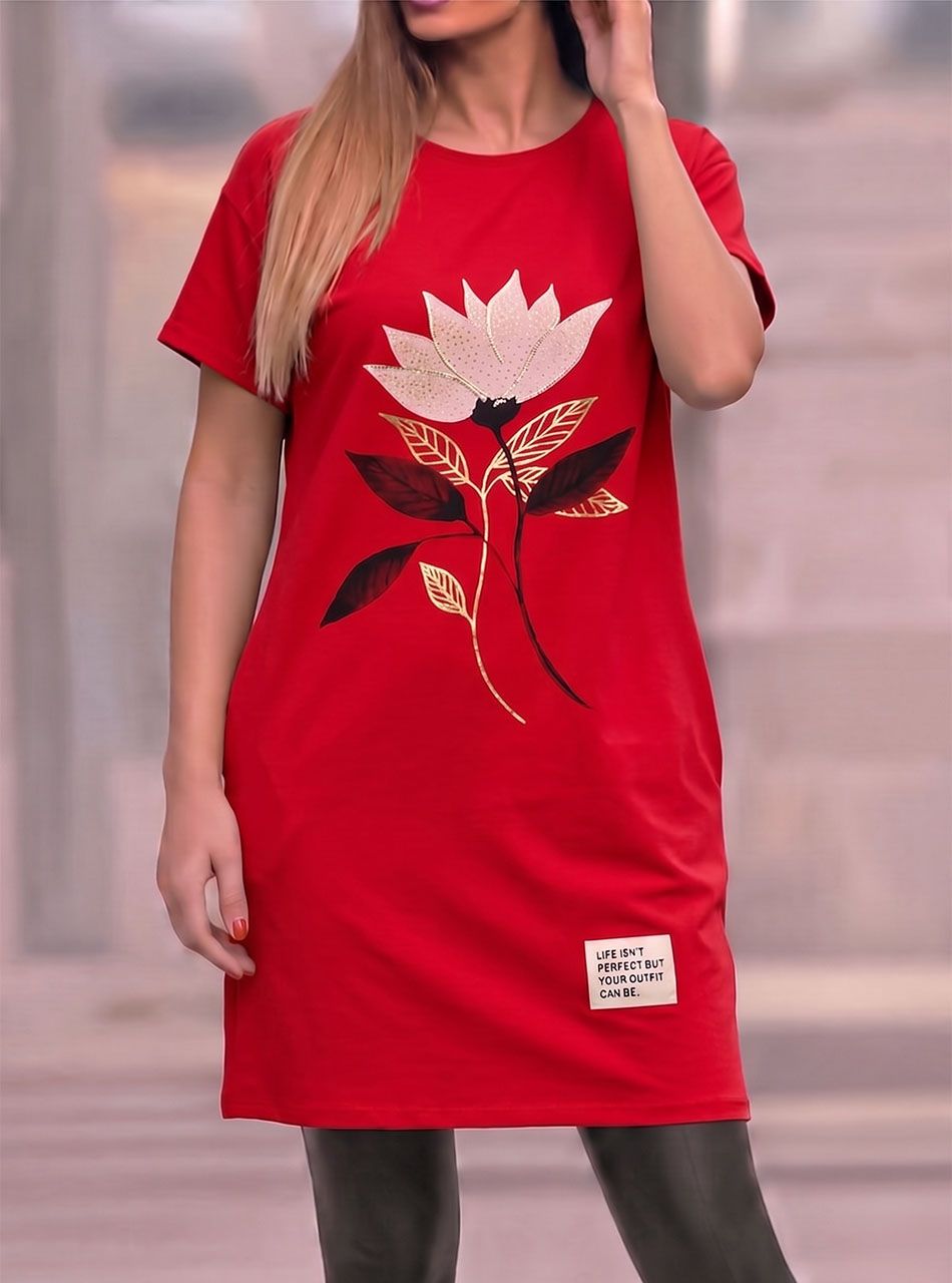 Virág mintás, zsebes tunika (piros)