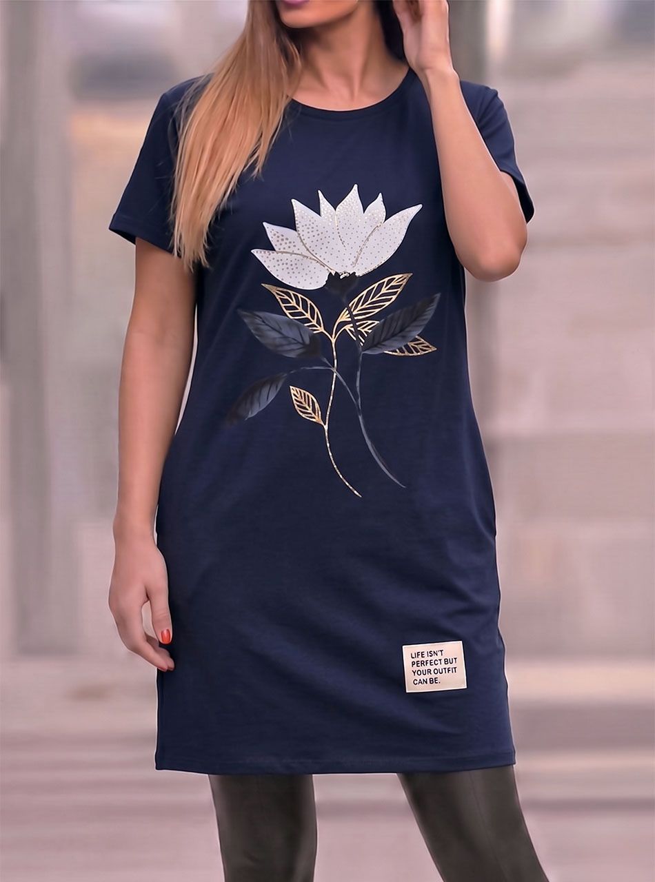 Virág mintás, zsebes tunika (sötétkék)