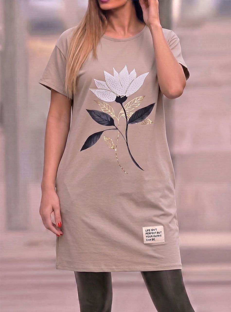 Virág mintás, zsebes tunika (tejeskávé)