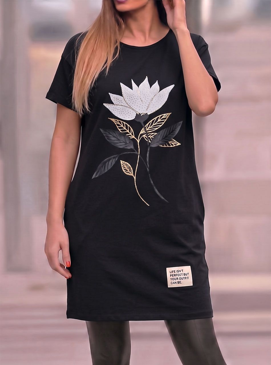 Virág mintás, zsebes tunika (fekete)