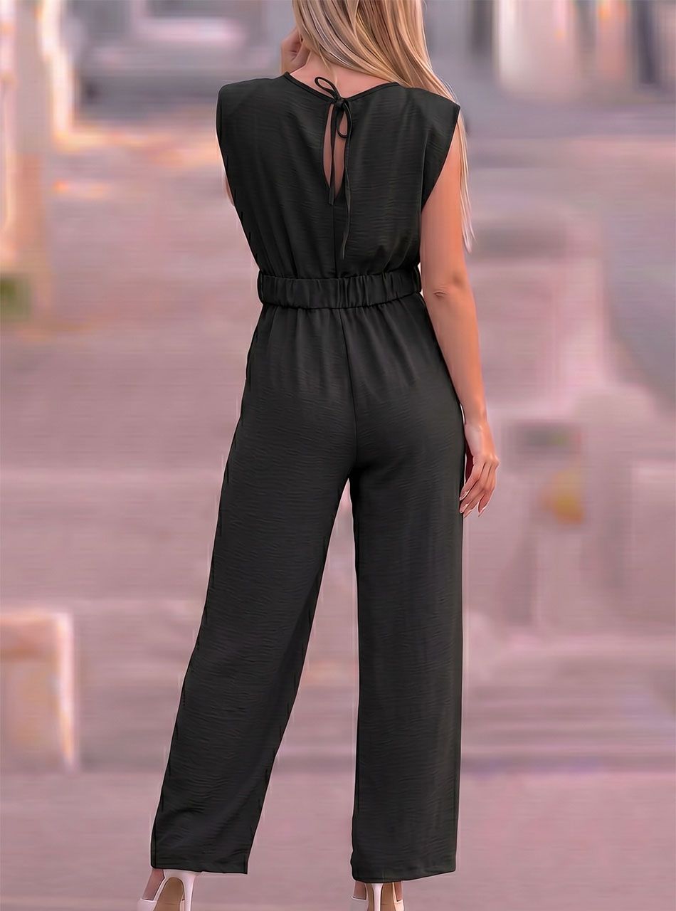 Hátul kötős, gumis derekú overál övvel (fekete)