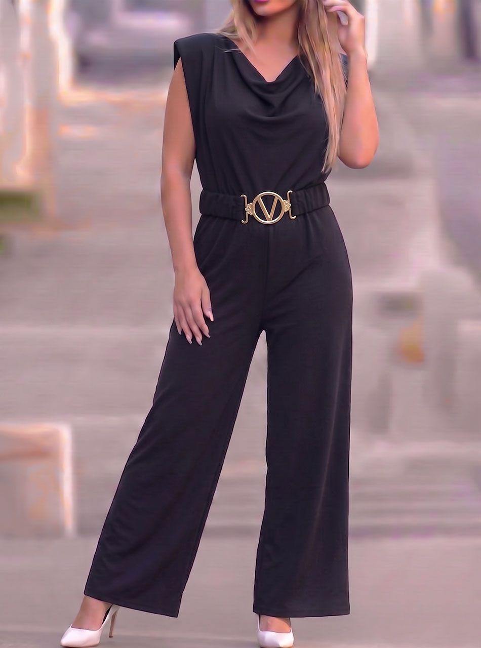 Hátul kötős, gumis derekú overál övvel (fekete)