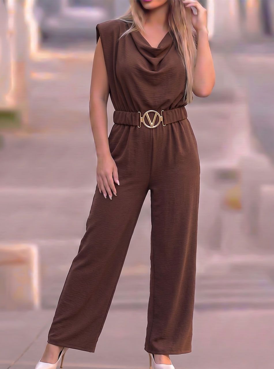 Hátul kötős, gumis derekú overál övvel (csokibarna)