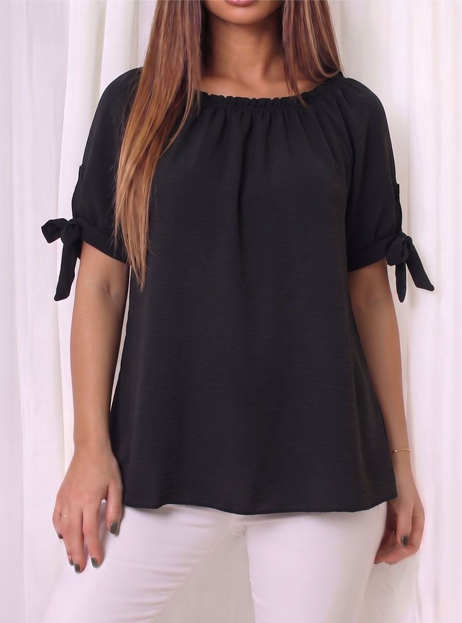 Nyaknál gumírozott, ujján kötős felső (fekete)