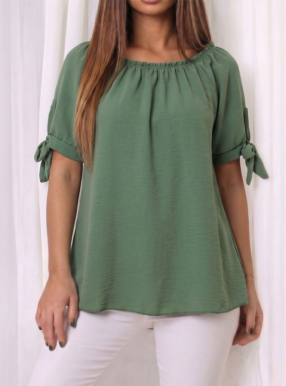 Nyaknál gumírozott, ujján kötős felső (kheki)