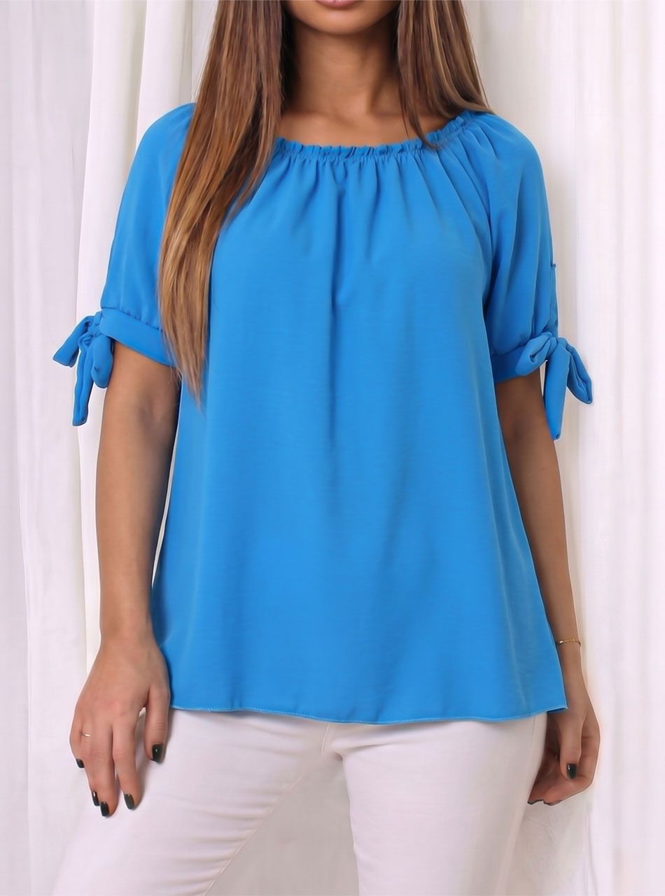 Nyaknál gumírozott, ujján kötős felső (türkizkék)