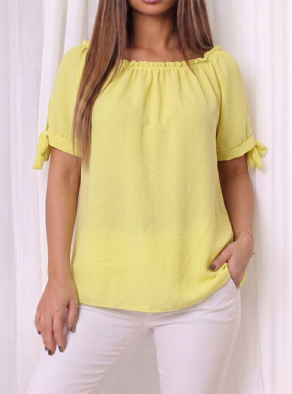 Nyaknál gumírozott, ujján kötős felső (sárga)