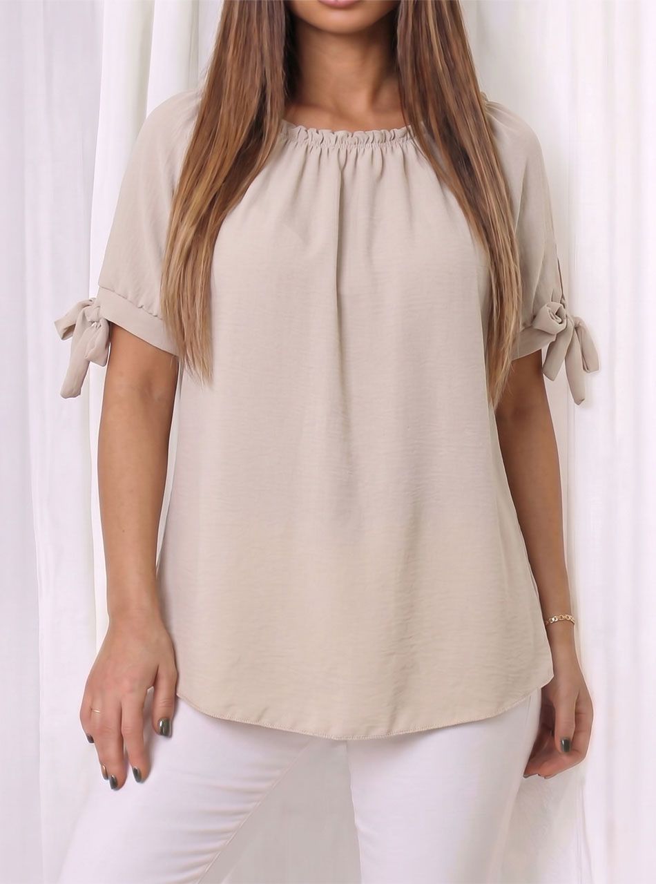 Nyaknál gumírozott, ujján kötős felső (bézs)