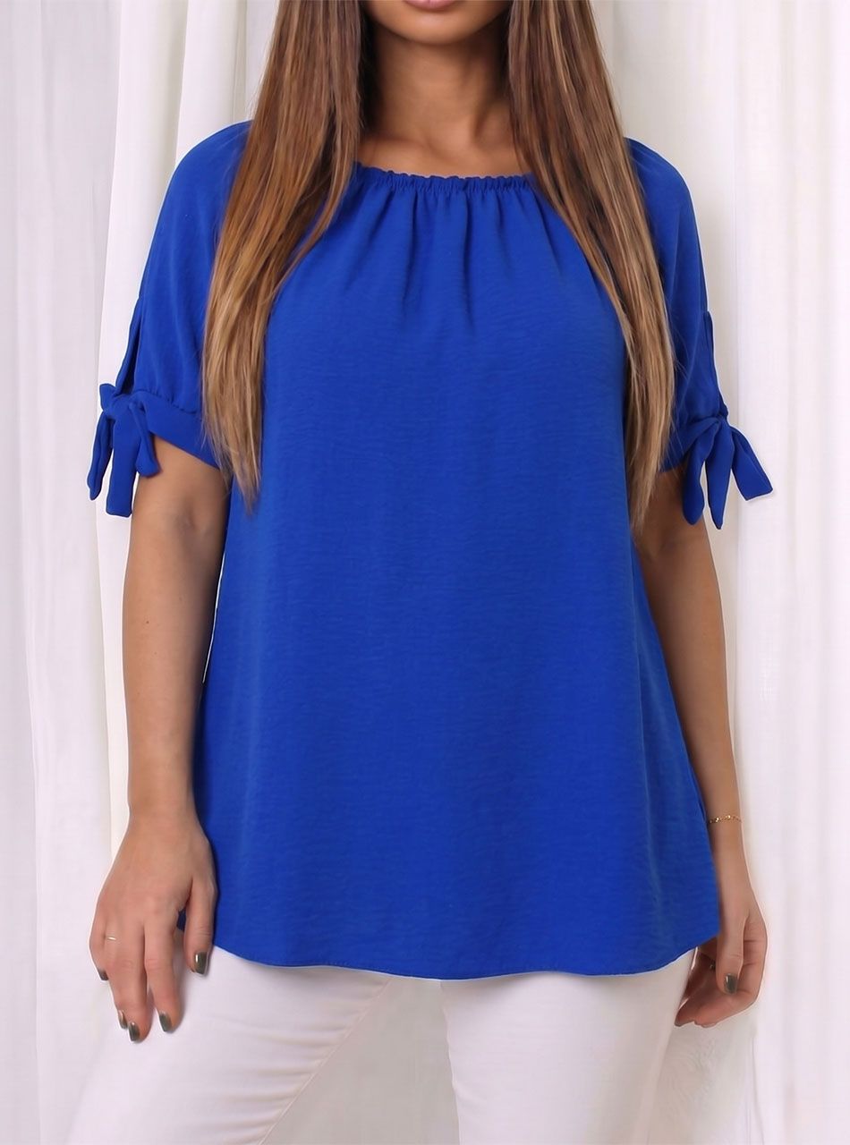 Nyaknál gumírozott, ujján kötős felső (királykék)