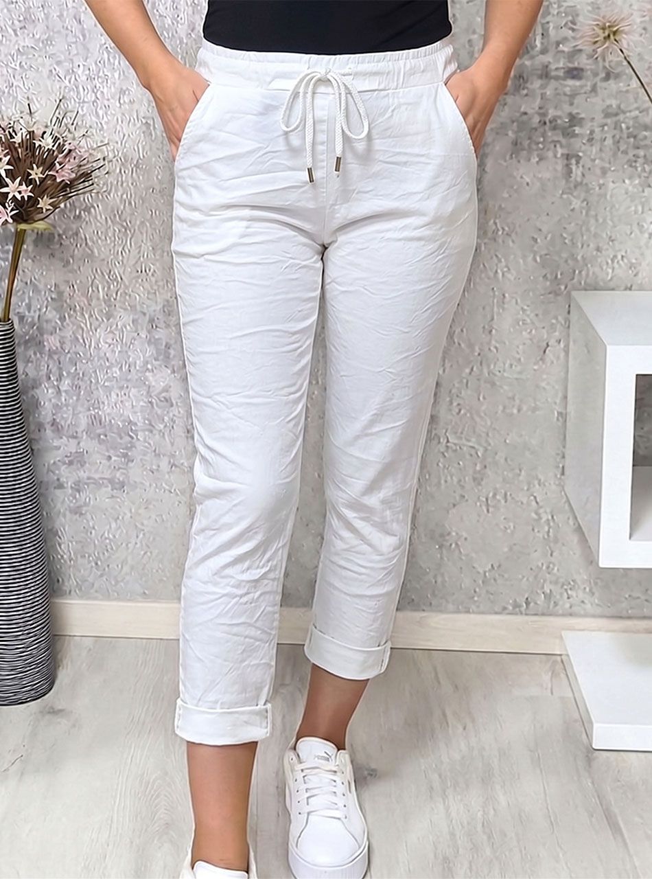 Gyűrt hatású, zsebes nadrág (fehér)